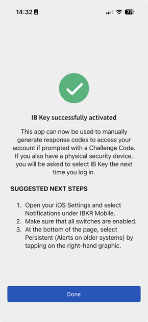 Image of the IB Key sucessfully activated screen on iPhone